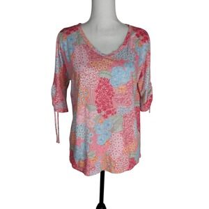 Talbots Floral Print Slub Tie Sleeve Top Womens Coral Multicolor V Neck Size M/P
